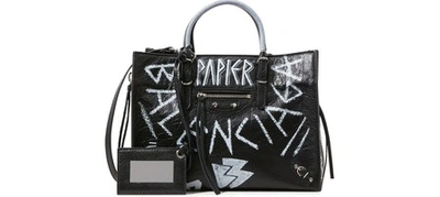 Balenciaga Papier Graffiti Zip-around A6 Leather Tote In Black / White