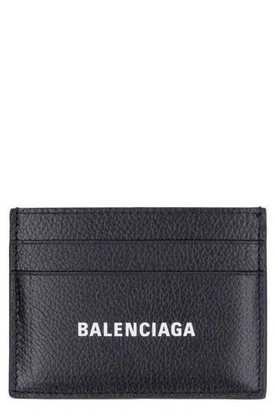 Balenciaga Pebbled Calfskin Card Holder In Black