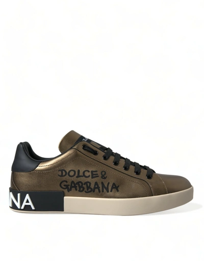 Dolce & Gabbana Bronze Leather Portofino Logo Men Sneakers Shoes In Multi