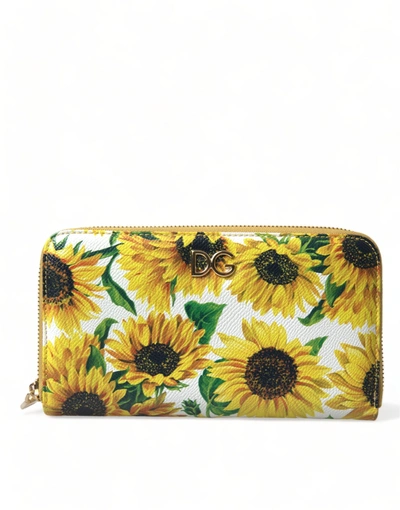 Dolce & Gabbana White Sunflower Leather Dg Zip Around Continental Wallet In Yellow