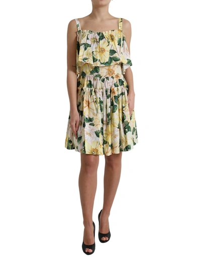 Dolce & Gabbana Yellow Floral Print Cotton Mini Dress In Multi