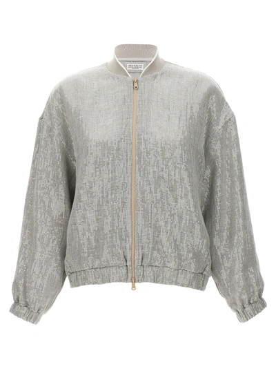 Brunello Cucinelli Light Grey All-over Sequined Bomber Jacket In Linen Blend Woman In Grigio