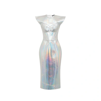 Dolce & Gabbana Holographic Midi Dress In Silver