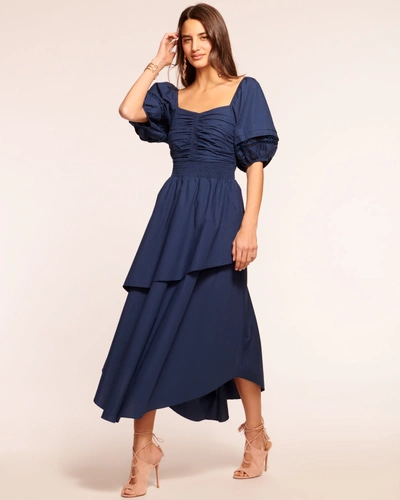 Ramy Brook Persephone Poplin Smocked Midi Dress In Spring Navy