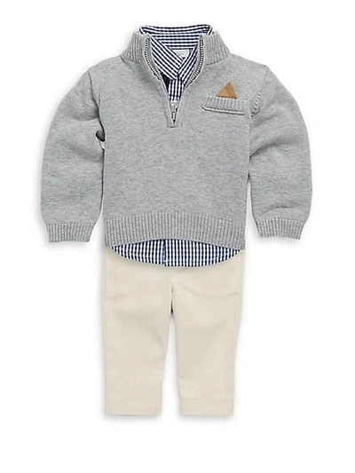 Miniclasix Baby Boy's Cotton Three-piece Button-down Checker Shirt, Rib-knit Sweater & Pants Set In Grey