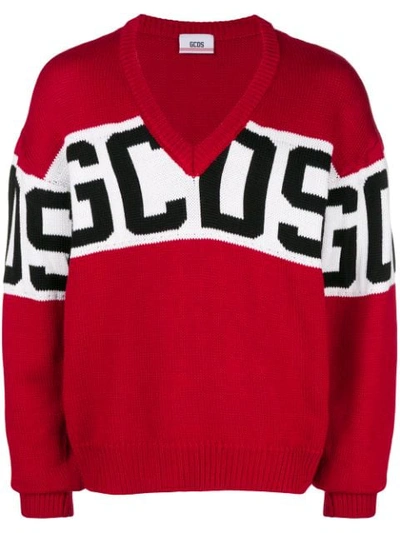 Gcds V-neck Logo Sweater - Red