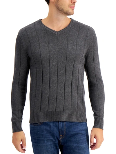 Club Room Mens V Neck Ribbed Trim Pullover Sweater In Grey
