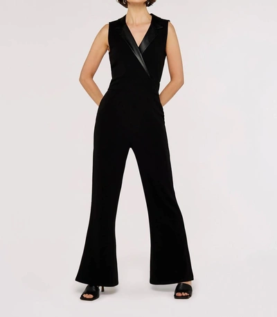 Apricot Faux Leather Collared Jumpsuit In Black