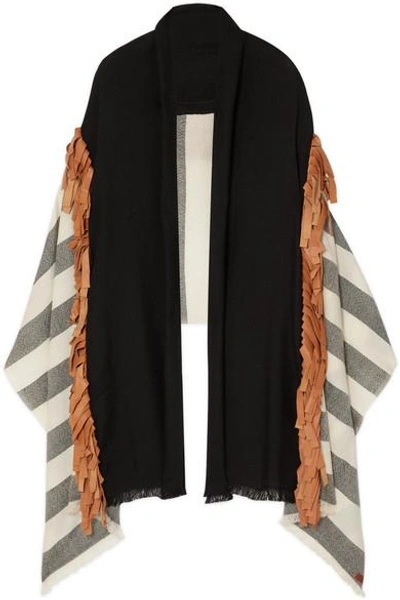 Melt Fringed Leather-trimmed Striped Wool Wrap In Black