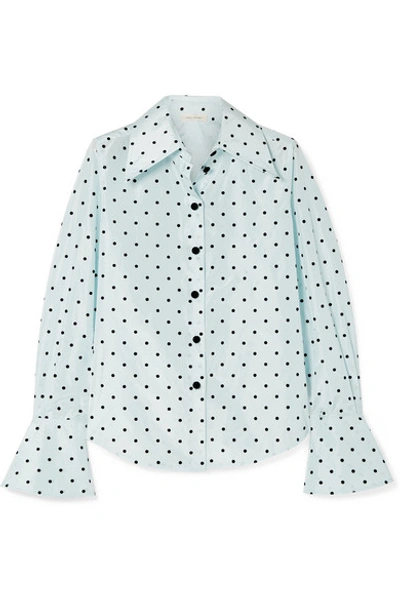 Marc Jacobs Long-sleeve Flocked-dot Button-down Silk Blouse W/ Cuff Detail In Light Blue