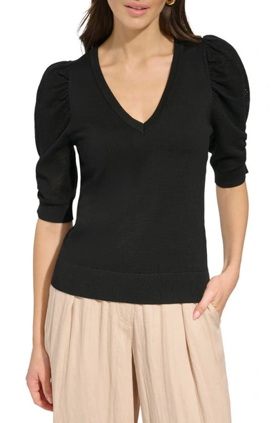 Dkny Puff Sleeve V-neck Sweater In Black