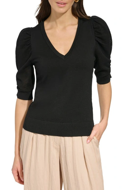 Dkny Puff Sleeve V-neck Jumper In Black