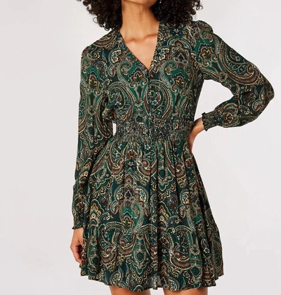 Apricot Paisley Print Ruffle Long Sleeve Dress In Dark Green