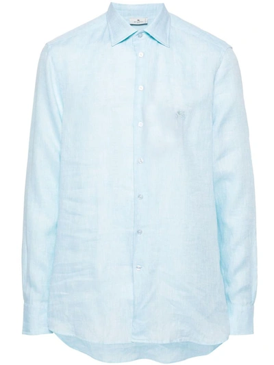 Etro Linen Shirt With Pegasus Embroidery In Blue