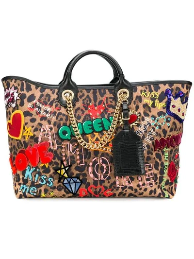 Dolce & Gabbana Queen Leopard Tote Bag In Brown