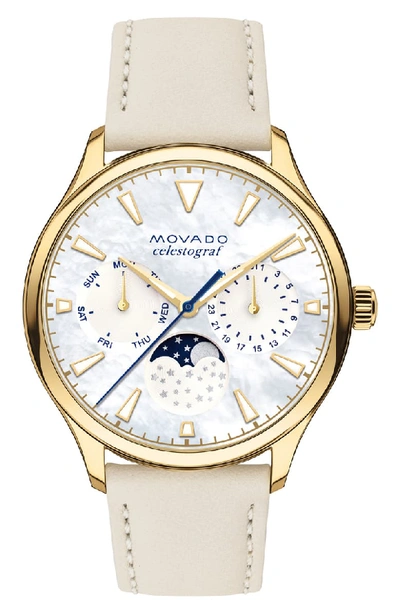 Movado Heritage Celestograf Goldplated Steel Leather-strap Watch In White