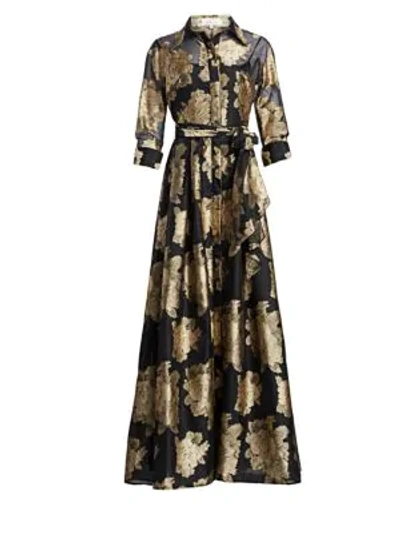 Teri Jon By Rickie Freeman Floral Organza Self-tie Shirt Dress Gown In Black Gold