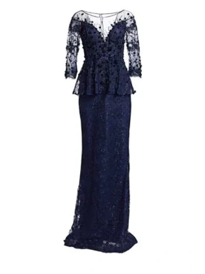 Teri Jon By Rickie Freeman Embellished Lace Gown In Navy