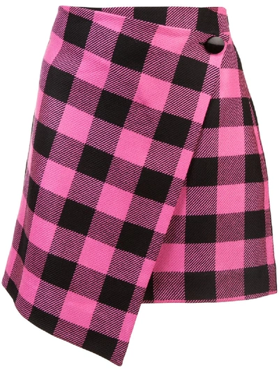 Milly Asymmetric Checked Skirt In Pink Black