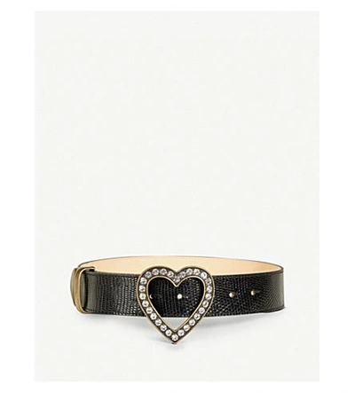 Alessandra Rich Heart Crystal-embellished Lizard-leather Belt In Black