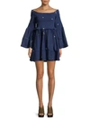 Free People Counting Daisies Embroidered Off-the-shoulder Mini Dress In Blue Combo