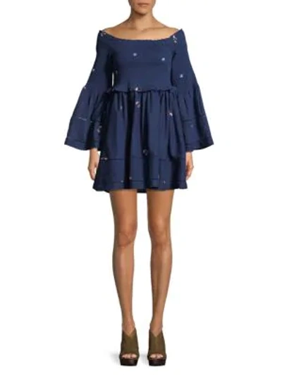Free People Counting Daisies Embroidered Off-the-shoulder Mini Dress In Blue Combo