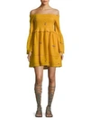 Free People Counting Daisies Embroidered Off-the-shoulder Mini Dress In Yellow Combo