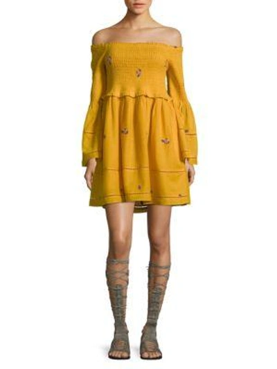 Free People Counting Daisies Embroidered Off-the-shoulder Mini Dress In Yellow Combo