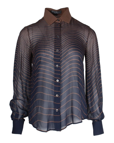 Ferragamo Striped Buttoned Blouse In Brown And Blue Silk