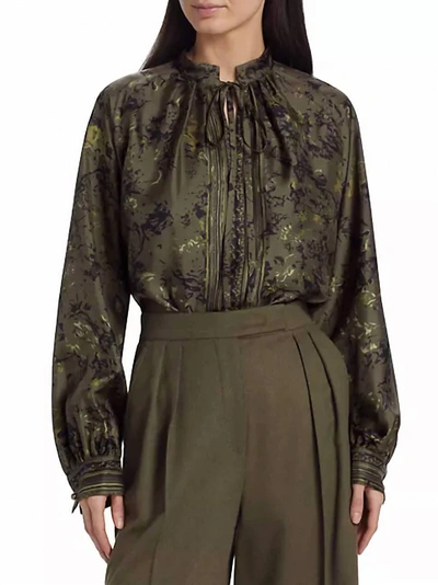 Max Mara Ardenne Floral Print Silk Twill Blouse In Khaki In Green
