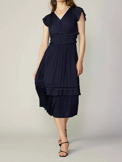 Current Air V-neck Pleated Ruffle Long Dress In Dark Navy In Blue