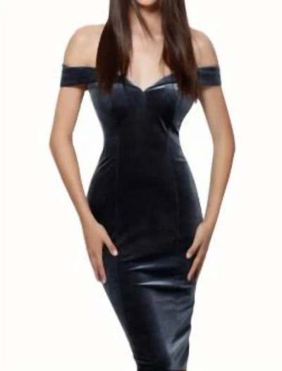 Jovani Off The Shoulder Knee Length Dress In Deep Navy In Blue