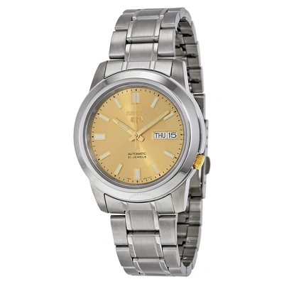 Seiko 5 Automatic Stainless Steel Gold Dial Men's Watch Snkk13 In White
