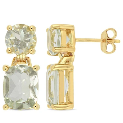 Amour 7 4/5ct Tgw Round And Cushion Cut Green Quartz Dangle Earrings In Yellow Plated Sterling Silve In Gold