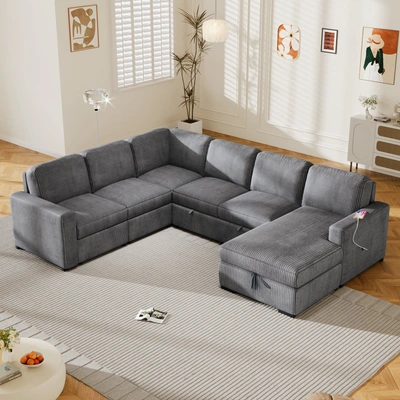 Simplie Fun U-shaped Corduroy Combination Corner Sofa In Gray