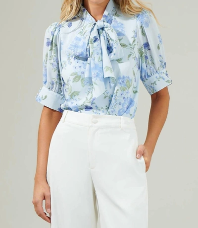 Sugarlips Dusty Floss Floral Neck Tie Blouse In Blue