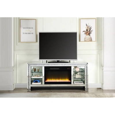 Simplie Fun Noralie Tv Stand W/fireplace & Led Mirrored & Faux Diamonds Lv In Metallic