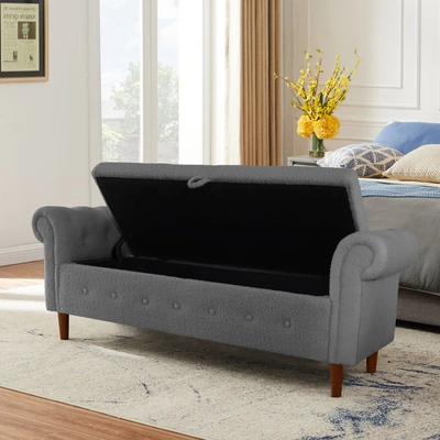 Simplie Fun Grey Teddy Velvet Multifunctional Storage Rectangular Sofa Stool In Gray
