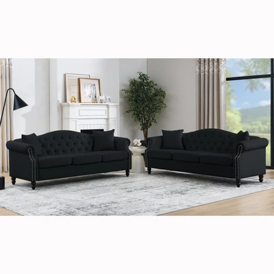 Simplie Fun 79" Chesterfield Sofa Black Velvet For Living Room
