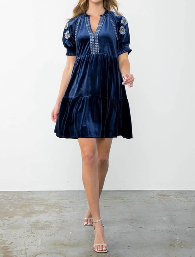 Thml Embroidered Detail Sleeve Velvet Dress In Navy In Blue