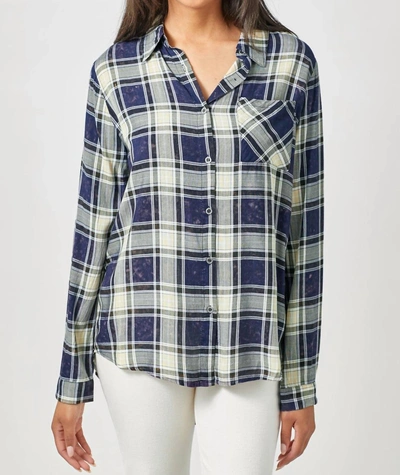Mystree Washed Plaid Button Down Shirt In Navy In Blue