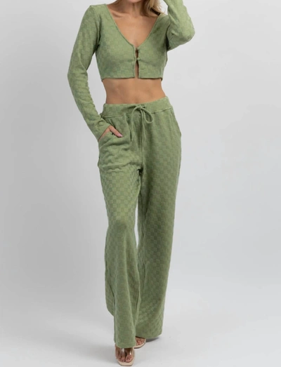 Le Lis Checked + Knit Flare Pant Set In Olive In Green
