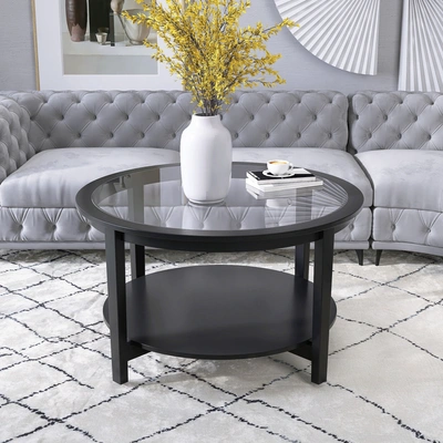 Simplie Fun Round Glass Top Solid Wood Storage Coffee Table In Black