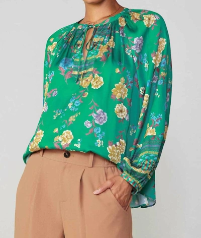 Current Air Long Sleeve Split Neck Blouse In Green Floral
