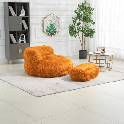 Simplie Fun Bean Bag Chair Faux Fur Lazy Sofa /footstool Durable Comfort Lounger In Orange