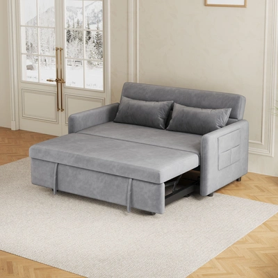 Simplie Fun Sofa Pull Out Bed Included Two Pillows 54" Grey Velvet Sofa For Small Spaces