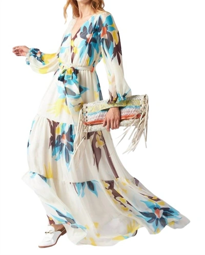 Tricot Chic Flower Printed Silk Chiffon Dress In Cream In White