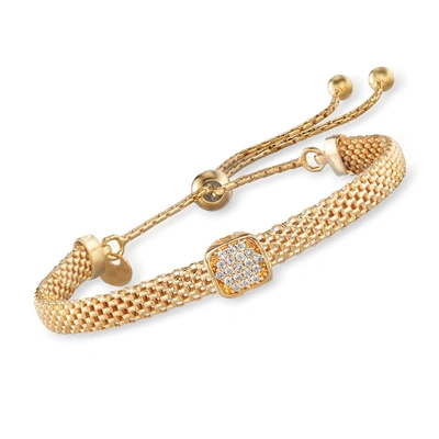 Ross-simons Italian 18kt Gold Over Sterling Mesh Bolo Bracelet With Cz Station In White
