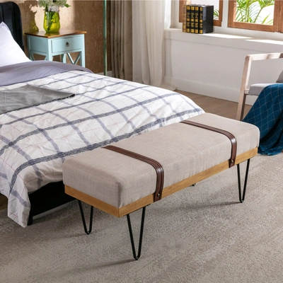 Simplie Fun Linen Fabric Soft Cushion Upholstered Solid Wood Frame Rectangle Bed Bench In Brown
