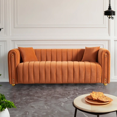 Simplie Fun 79.92" Modern Vertical Channel Tufted Velvet Sofa In Orange